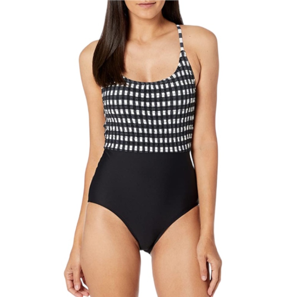 NEW! CATALINA One Piece Swimsuit Smocked Lace Up Black and White Size Large